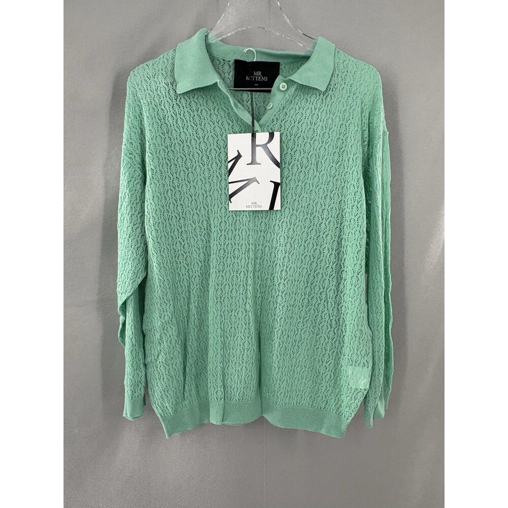 I LOVE MR. MITTENS XS/S Sweater Cotton Lace Crochet Polo Mint Green NWT